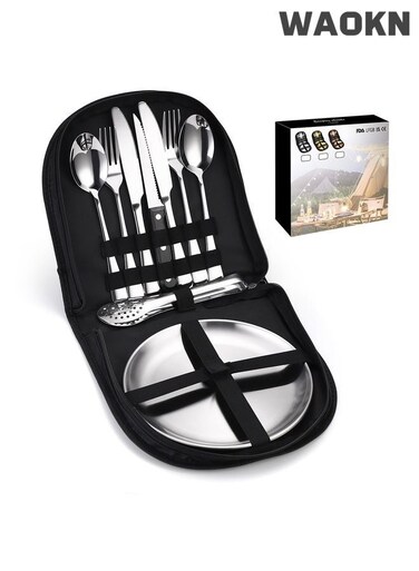 Portable 10 Piece Outdoor Picnic Tableware Stainless Steel Tableware Set for Camping and Picnics and Steak Clip for Hiking and Camp Kitchen with Knife, Fork, Spoon, Plate, and Steak Clip