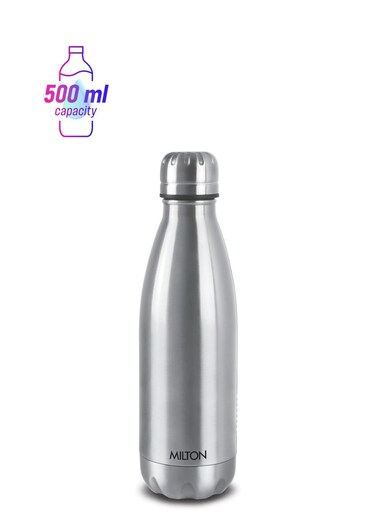 Half Litre Stainless Steel Water Bottle, Vacuum Insulated Flask Keep Drinks Hot or Cold for 24 hours, Leak Proof, Metal Bottle for Sports, Gym, Travelling, School, Duo Dlx 500, Silver Silver 500ml