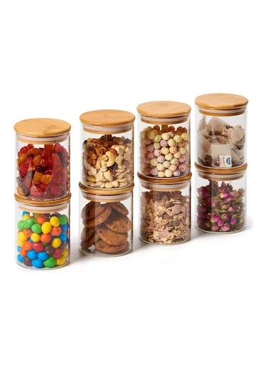 Set of 8 Food Storage Glass Jar With Bamboo Lid Clear 450ml