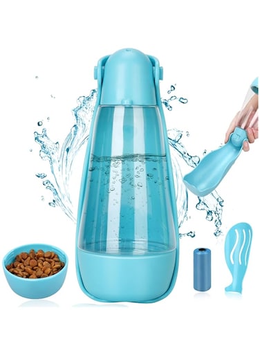 Portable Dog Water and Food Bottle,Dog Water Bottle, 4 in 1 Pet Water Bottle With Waterer, Food Storage,Garbage Bag Storage and Poop Shovel, for Dogs Outdoor Walking,Hiking,Traveling &amp; Camping (Blue)