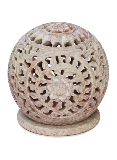 BKRAFT4U Unique Hand Carved Tealight Holder Sphere Shaped Made From Soapstone With Intricate Tendril Openwork Floral Decorative Lantern.