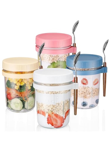 TAME Overnight Oats Containers with Lid and Spoon Set of 4, 10 oz Large Airtight Capacity Overnight Oats Jars with Measurement Marks, Reusable On The Go Cups for Salads Yogurt Cereal Milk
