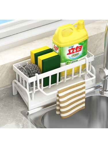 Kitchen Sink Storage Rack - Integrated Sponge Holder &amp; Countertop Organizer for Dishcloth, Soap &amp; Brushes - Space-Saving Kitchen Rack - white