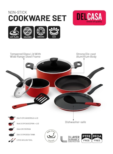 8Pc Nonstick Cookware Set Casserole+ Lid, Sauce pan+ Lid, Frypan, Dosa Tawa, 2pcs nylon tool
