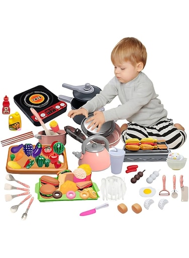 Play Kitchen Accessory Set, 86PCS Kids Kitchen Toys Toddler Pretend BBQ Camping Cooking Playset Realistic Cuttable Utensils Cookware Toy with Electronic Induction Cooktop Pots Pans for Boys Girls Gift