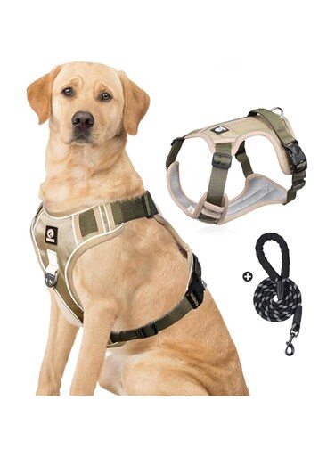 Pet Harness, Large Dog Harness, Anti-Pull Dog Harness, Adjustable No Pull Dog Harness with Padded Handle, Khaki- M