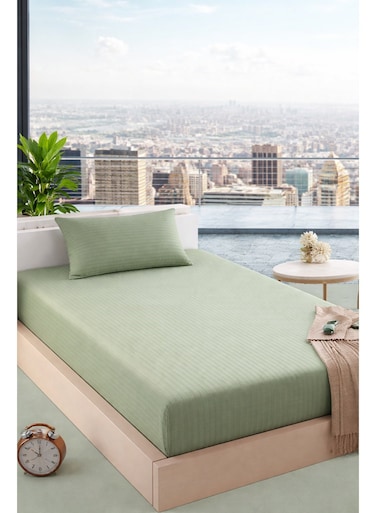 Green Cotton Single Striped Fitted Elastic Bedsheet Set 100x200+15cm