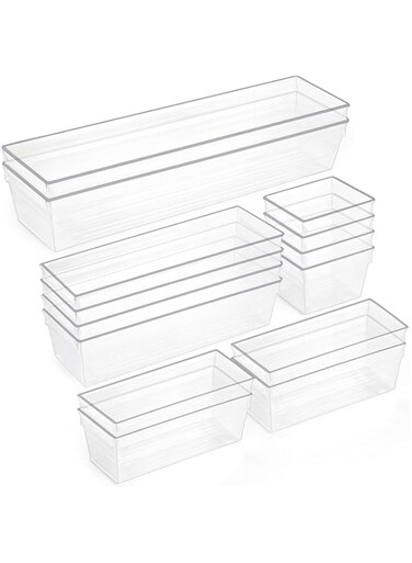 HOOJO 14 PCS Drawer Organizer Set Clear Plastic Desk Drawer Dividers 4-Size Versatile Bathroom and Vanity Drawer Organizer Trays, Storage Bins for Makeup, Bedroom, Jewelleries and Gadgets, Office