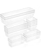 HOOJO 14 PCS Drawer Organizer Set Clear Plastic Desk Drawer Dividers 4-Size Versatile Bathroom and Vanity Drawer Organizer Trays, Storage Bins for Makeup, Bedroom, Jewelleries and Gadgets, Office
