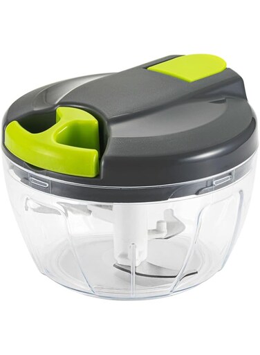 Multi-functional manual food chopper and processor (with handle and lid), vegetable chopper, garlic chopper (grey-green) for onions, garlic, peppers, carrots, fruits, good kitchen helper