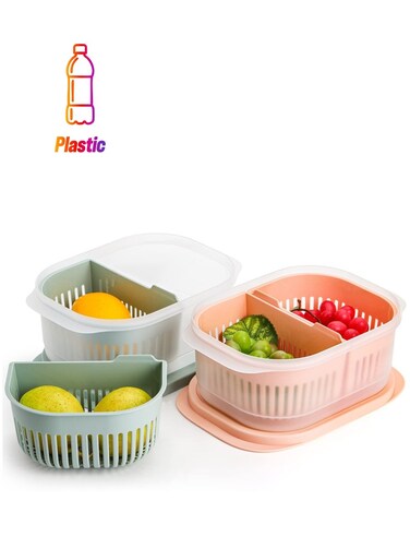 Airtight Plastic Storage Containers for Fruits and Vegetables, Set of 3 Fridge Organizers with Divided Colanders