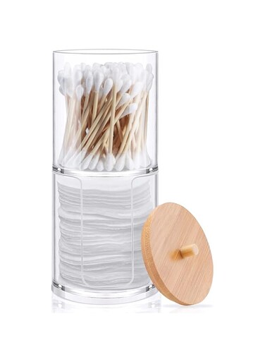azzeell Acrylic Cotton Round Pad Holder and Qtip Holder Dispenser Set with Bamboo Lid, Stackable, Clear Plastic Bathroom Vanity Organizer for Makeup Cotton Pad Swab Ball