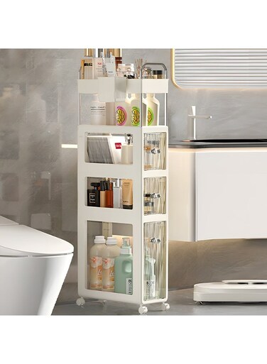 East 5 Layers Clear Slim Bathroom Storage Cabinet with Visible Drawer, Movable Narrow Floor Cabinet for Small Space, Bathroom, Dresser Closet, 40 x 18 x 110cm, Cream Frame
