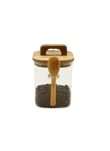 Liying Borosilicate Square Glass Jars with Oak Wood Lids and Wooden Spoon, Decorative and Durable (10 * 10.5cm) for Candy, Cookies, Spices, Coffee Beans