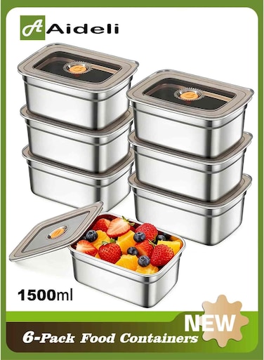 6 Pcs 1500ml Stainless Steel Food Storage Containers with Airtight Lids, Leak-Proof Food Containers and Lunch Boxes for Kitchen, Fridge, and Meal Prep