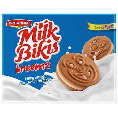 Britannia Milk Bikis Kreemz Milky Smiley Sandwich Biscuits, 44g, Pack of 12
