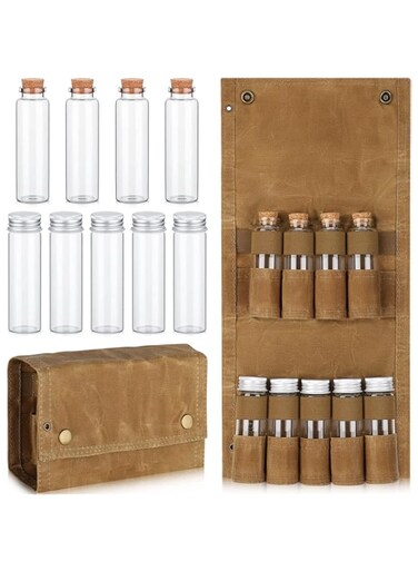 Portable Spice Bag, with 9 Spice Jars, Canvas Seasoning Storage Bag Organizer, Seasoning Bottle Holder, with Mini Condiment Bottle, Condiment Container Set for Outdoor Camping BBQ Picnic - Khaki