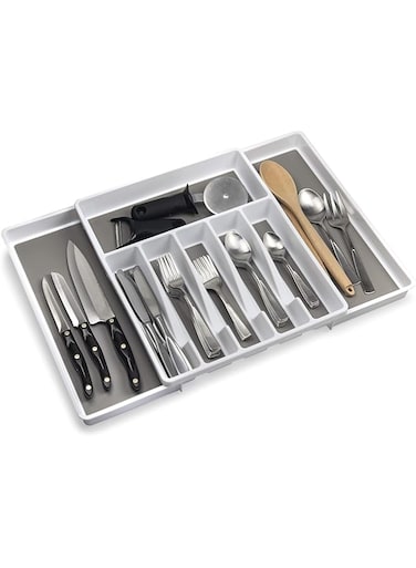 ELTOW Expandable Silverware Drawer Organizer, 8 Compartment Non-Slip &amp; Adjustable Silverware Trays for Kitchen Drawers, Kitchen Organization for Utensils, Cutlery, Flatware Storage - White