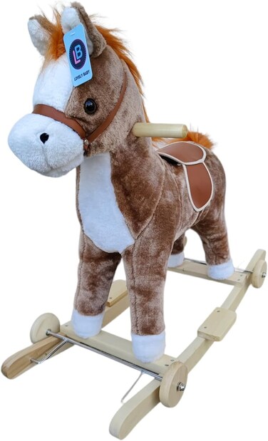 Lovely Baby Kids Rideon Rocking Horse with Wooden Wheels LB 501W Wooden Base Soft Material - Brown