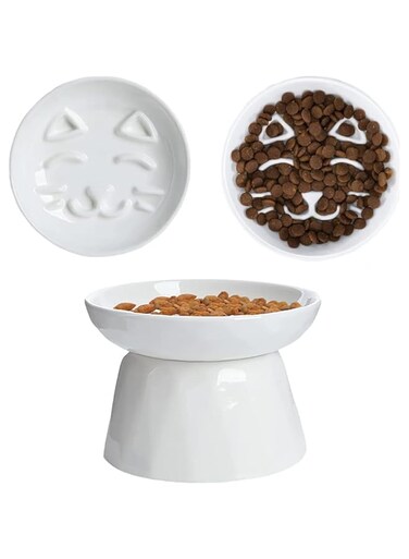 Exrp Raised Slow Feeder Cat Bowl, Ceramic Elevated Cat Slow Feeder, Healthy Eating for Wet &amp; Dry Food, Sturdy &amp; Grippy, Pet Puzzle Food Plate, Prevent Vomitting Indigestion, Dishwasher Safe