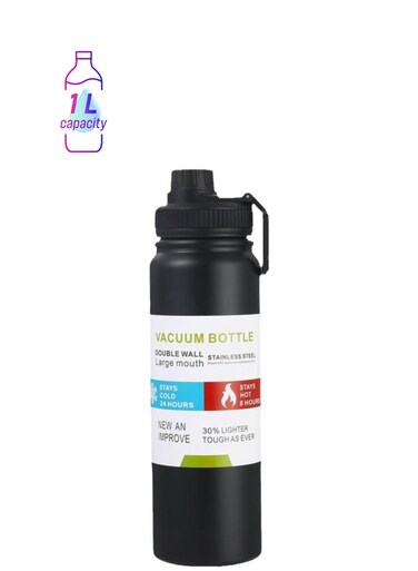 Insulated sports water bottle 1000ml Stainless Steel Reusable Water Bottle, Fitness Water Bottle for Gym, Travel, Camping, BPA Free Keep Cold 24H Hot 12H Black 1L