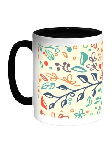 Tree Leaves Printed Coffee Mug Black/White/Beige 325ml