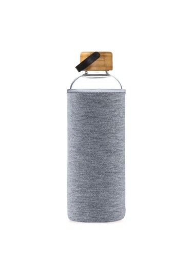 GLOBAL MAX-EMA Glass Water Bottle Grey 1 Liter With Bamboo Lid And Neoprene Sleeve Reusable Glass Bottle For Hot And Cold Drinks, Juice, Tea, Milk, Smoothies And For Home, Gym And Travel