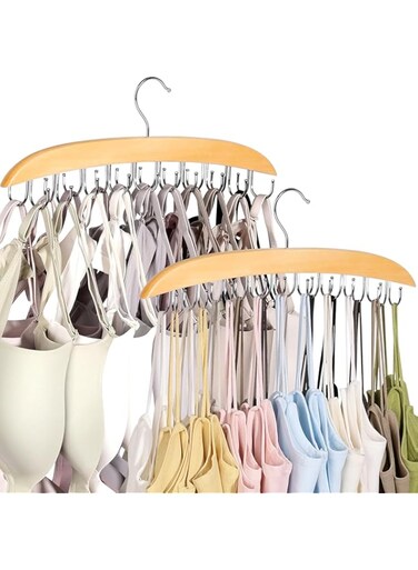 AVWOYKI Bra Hanger for Closet, 20 Hooks Tank Top Hanger Space Saving Holds 20 Bras, Premium Wooden Metals Hook Foldable Tank Top Organizer, 360&deg;Rotating Closet Organizers and Storage for Dorm