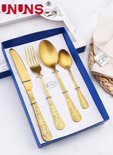 Silverware Cutlery Set,4 Pcs Royal Flatware Set,410 Stainless Steel Gold Fork Knife Spoon Set,Kitchen Utensil Set,Basics Tableware Silverware Cutlery Set For Family Gatherings Daily Use