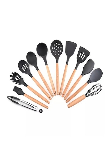 11-Piece Silicone Cooking Utensil Set Black/Brown