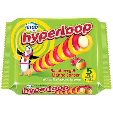 Igloo Hyperloop Raspberry and Mango Sorbet with Vanilla Flavoured Ice Cream, 75ml Pack of 5