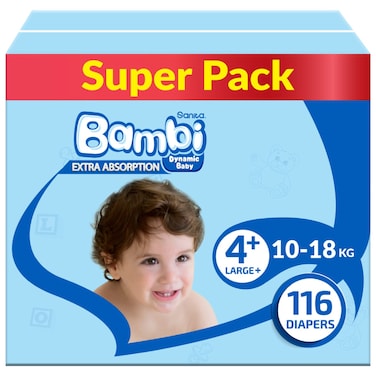 Sanita Bambi Dynamic Baby Diapers Large Plus Size 4 Plus 10-18kg Super Pack 116 Diapers