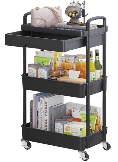 3-Tier Rolling Utility Cart with Drawer,Multifunctional Storage Organizer with Plastic Shelf &amp; Metal Wheels,Storage Cart for Kitchen,Bathroom,Living Room,Office,Black