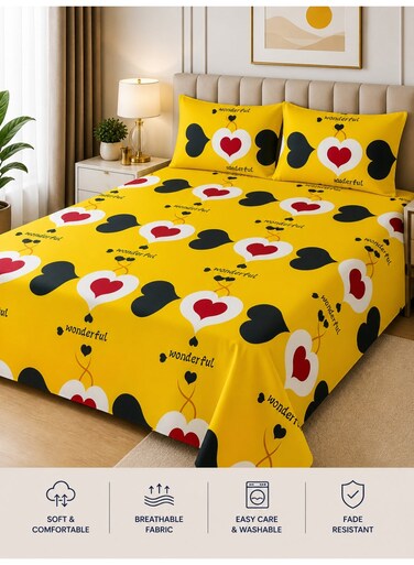 King Size Yellow Heart Print Bedsheet Set 3PCS &acirc;&euro;&ldquo; 125 GSM Soft Breathable Fabric, Fade Resistant Bedding with 2 Pillow Covers, 220x240 CM