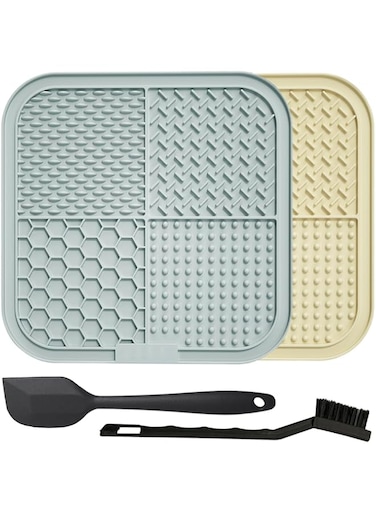 ALLNEWELOOK Large Lick Mat for Dogs Cats, 2Pcs Slow Feeder Lick Pat, Anxiety Relief, Enrichment Toys, Treat Mat, Pets Supplies Bathing Grooming Training Calming Mat (GRAY BEIGE, 20CM)