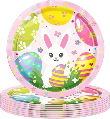 8pcs Happy Easter Bunny Paper Plates, Egg Design Pink Disposable Rabbit Themed Dishes for Party Event Festive Food Tableware Decoration for Dinner Cake Celebration Table Picnic (Small Plates)