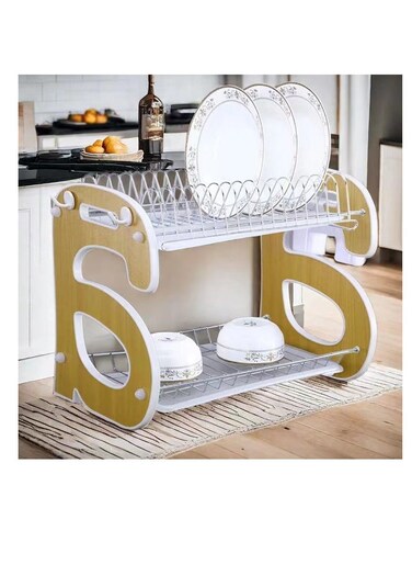 2 Layer Dish Drying Stand Dish Rack with Drain Tray Bowl Storage Rack Plate Organizer Utensil Holder Dish Driner for Kitchen Countertop (a)