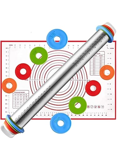 U-HOOME Adjustable Rolling Pin with Thickness Rings and Pastry Mat Set for Baking Cookie Chapati Fondant Dough Pastry Pizza Pie Crust, Stainless Steel Roller Pin, Red Mat