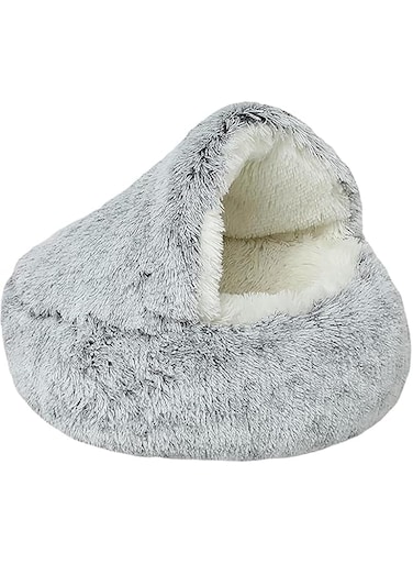 ZEKAROUL Cat Bed, Round Plush Fluffy Hooded Cat Bed Cave for Indoor Cats or Small Dogs Soothing Pet Bed Waterproof (15 in+Gray)