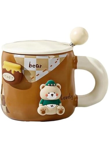 Korean Cartoon Teddy Bear Ceramic Mug with Lid and Spoon - 400ml