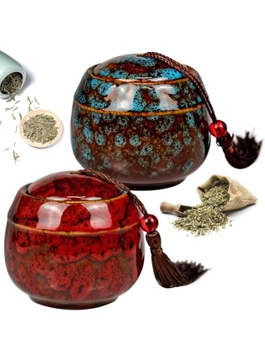 . Ceramic Tea Jar Vintage Chinese Style Storage Jars, 2 Pieces Tea Leaves Sealing Can with Tassel, Traditional Tea Caddy for Kitchen Tea Coffee Spices Sugar Condiment, 70ML