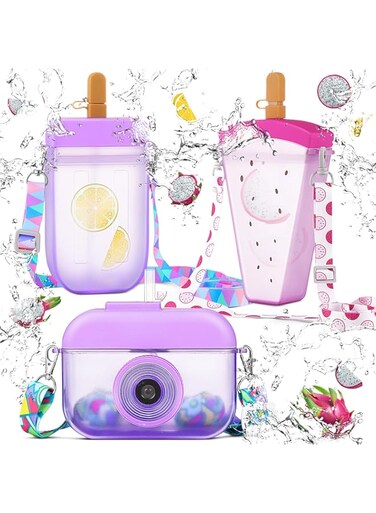 Honeydak 3 Pieces Cute Water Bottles with Straws Creative Kawaii Camera Shaped Ice Cream Bar Watermelon Adjustable Strap Plastic Water Bottle for Travel School Sport Kids (Fresh Style, Purple)