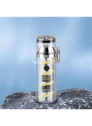 Rechargeable Electric dual Arc Lighter with Flashlight &amp; Compass   Luminous Cigarette ignitor with Colourful Transparent Shell   Torch Lighter with Lighting, Windproof and Waterproof (Silver)