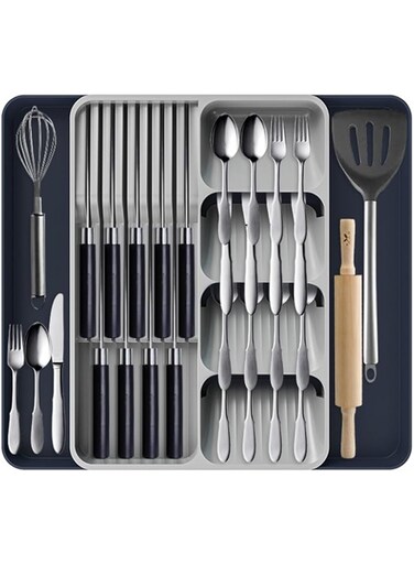 ANTOLE Kitchen Drawer Organizer,Expandable Utensil Drawer Organizer,Adjustable Cutlery Tray,Silverware Organizer Flatware Holder,Plastic Kitchen Knives Tools and Gadgets Storage Divider