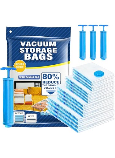 PESCADOR Vacuum Storage Bags - Pack of 18 (3Jumbo/6 Large/6 Medium/3 Pumps) Re-usable Travel Compression Storage Bags For Clothes, Comforters &amp; Blankets - Space Saver Bags with Hand Pump
