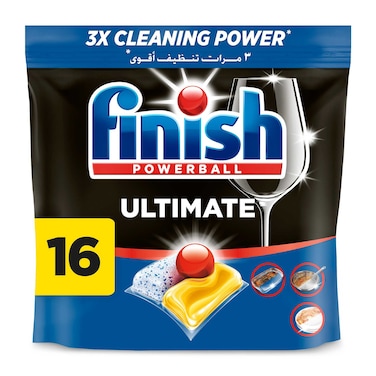 Finish Ultimate Dishwasher Tablets, Lemon Sparkle Scent, 2x More Cleaning Power, 16 Tabs
