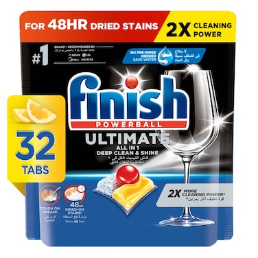 Finish Ultimate Dishwasher Tablets, Lemon Sparkle Scent, 2x More Cleaning Power, 32 Tabs