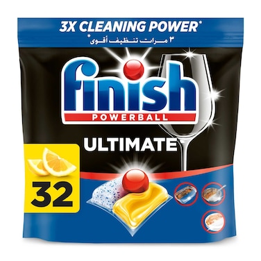 Finish Ultimate Dishwasher Tablets, Lemon Sparkle Scent, 2x More Cleaning Power, 32 Tabs