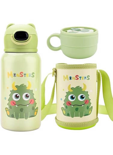 500ml Kids Water Bottles with Straw and 3 Lids, Insulated Steel Water Bottle with Protective Case, Reusable Thermal Water Bottle for Boys Girls-Keep Hot or Cold for a Long Time (Green)