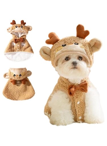 Tazweeq Dog Cape Coat with D-Ring,Cat Costume Thickened Elk Cloak,Hat Dog Outfit Warm,Puppy Clothes for Small Dog,Pet Cloak for Cat(Brown, Large)